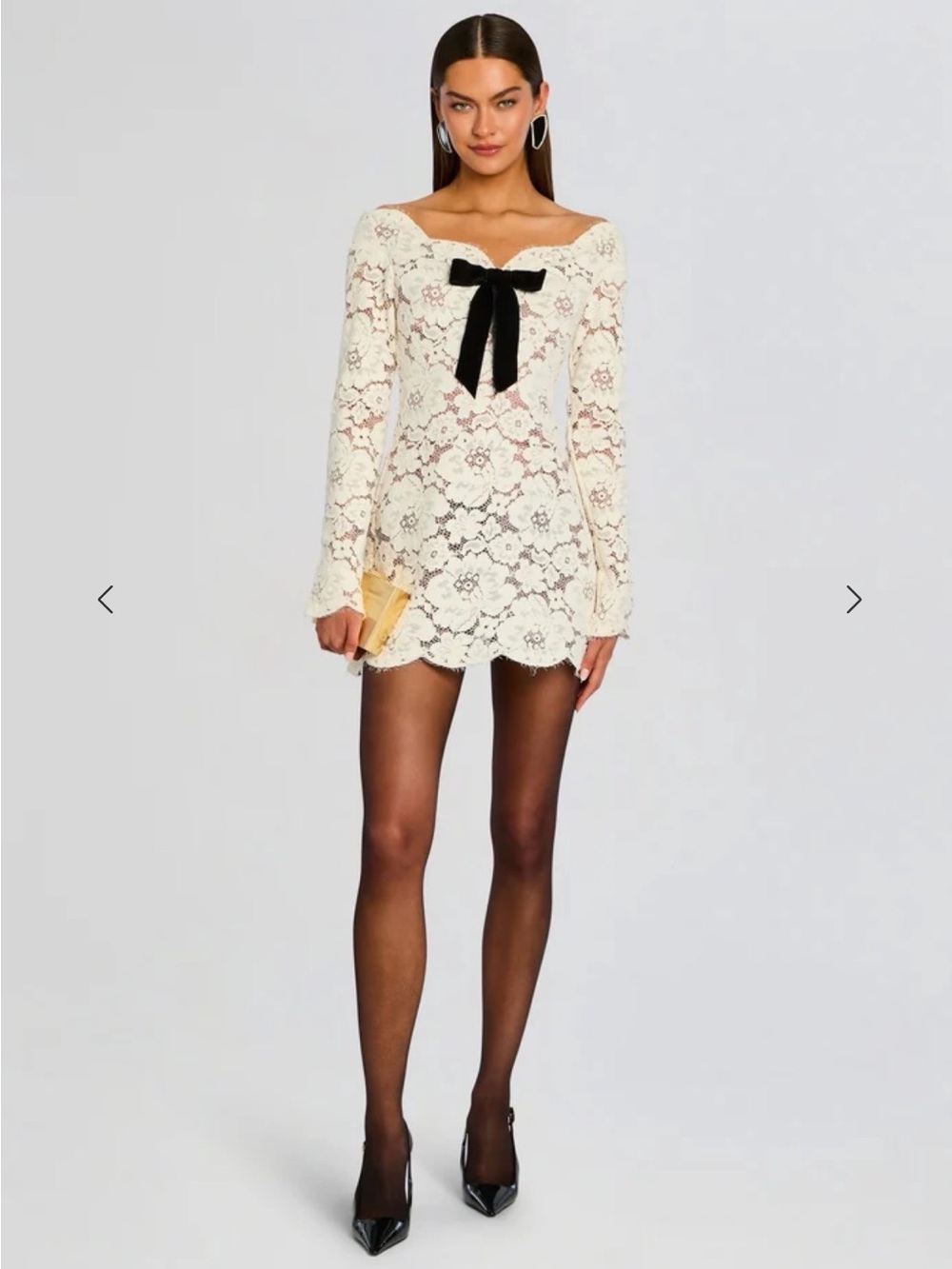 Perdita Lace Long-Sleeve Mini Dress with Bow - Cream